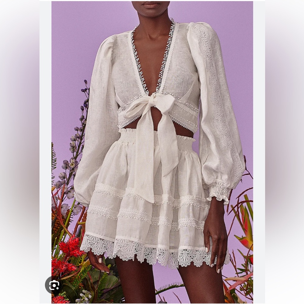 NWT Waimari Resortwear Chloe linen lace trim eyelet tiered fit flare mini skirt